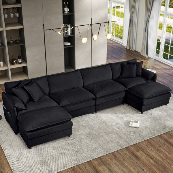 English Elm Modular U Shaped Chenille Sectional Sofa Deep Seat Cloud Couch with Ottomans W3163S00030