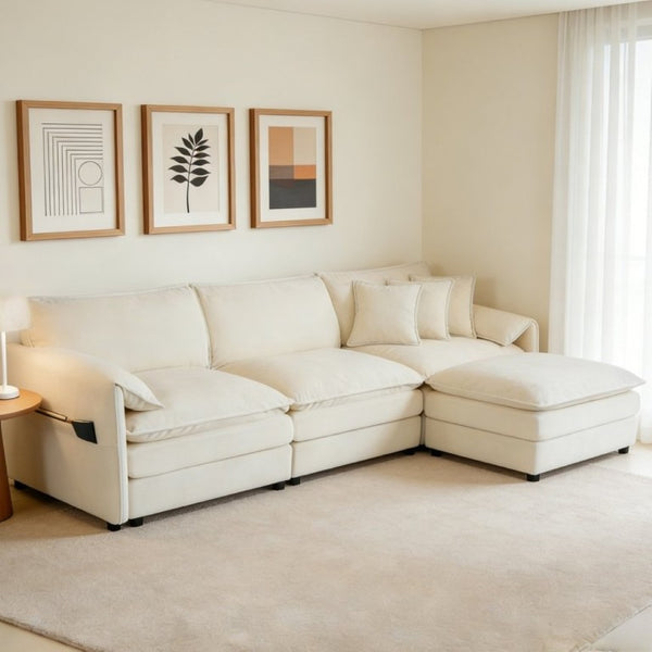 English Elm Modular Cloud Sectional Sofa Deep Seat Chenille L Shaped Couch with Movable Ottoman Beige W3163S00054