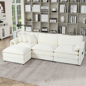 English Elm Modular Cloud Sectional Sofa Deep Seat Chenille L Shaped Couch with Movable Ottoman Beige W3163S00054