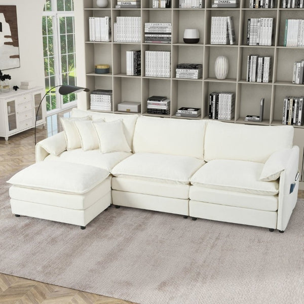 English Elm Modular Cloud Sectional Sofa Deep Seat Chenille L Shaped Couch with Movable Ottoman Beige W3163S00054