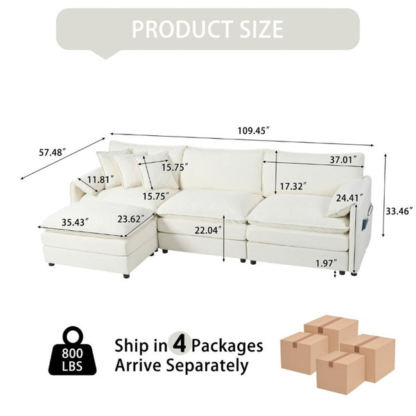 English Elm Modular Cloud Sectional Sofa Deep Seat Chenille L Shaped Couch with Movable Ottoman Beige W3163S00054