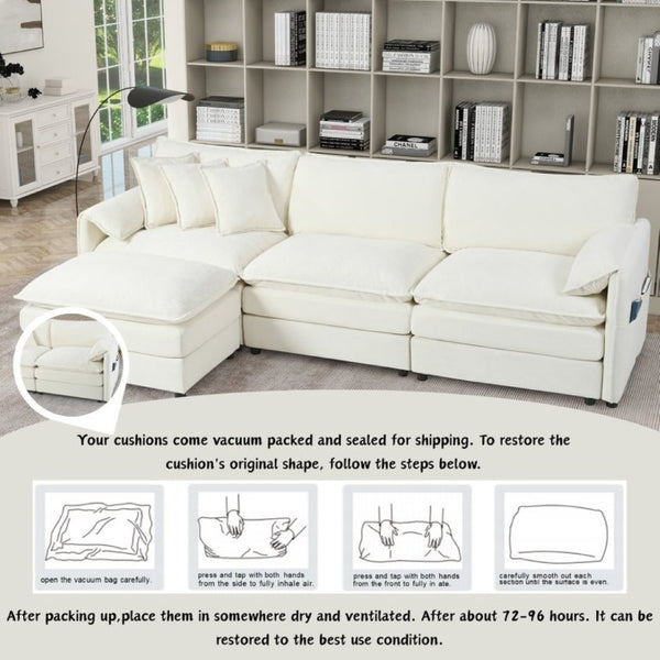 English Elm Modular Cloud Sectional Sofa Deep Seat Chenille L Shaped Couch with Movable Ottoman Beige W3163S00054