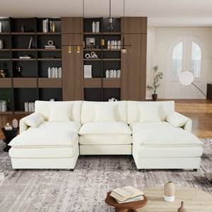 English Elm Modular U Shaped Chenille Sectional with Deep Seats and Two Movable Ottomans Beige W3163S00055