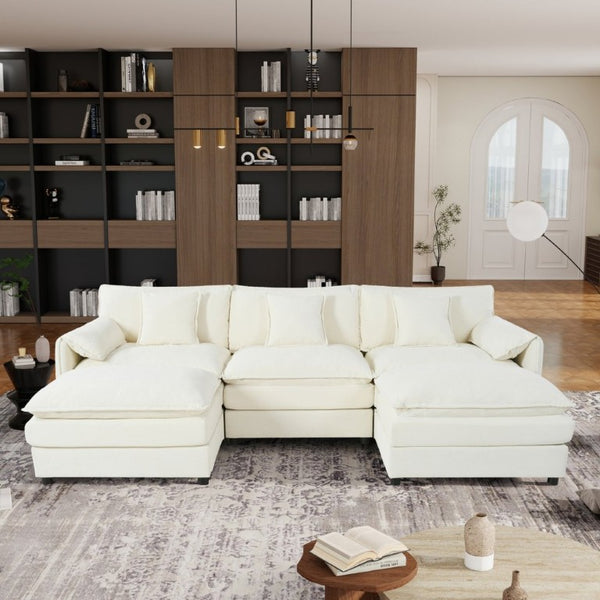 English Elm Modular U Shaped Chenille Sectional with Deep Seats and Two Movable Ottomans Beige W3163S00055