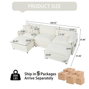 English Elm Modular U Shaped Chenille Sectional with Deep Seats and Two Movable Ottomans Beige W3163S00055