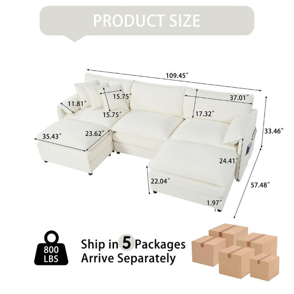 English Elm Modular U Shaped Chenille Sectional with Deep Seats and Two Movable Ottomans Beige W3163S00055
