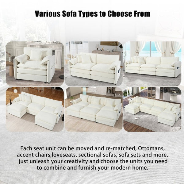 English Elm Modular U Shaped Chenille Sectional with Deep Seats and Two Movable Ottomans Beige W3163S00055