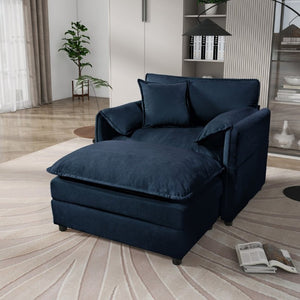 English Elm Oversized Chenille Recliner Chair with Movable Ottoman for Modern Living Spaces Blue W3163S00057