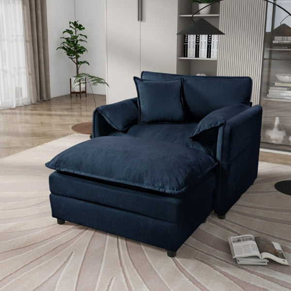 English Elm Oversized Chenille Recliner Chair with Movable Ottoman for Modern Living Spaces Blue W3163S00057