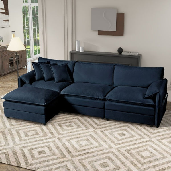 English Elm Modular Cloud Sectional Sofa Deep Seat Chenille L Shaped Couch with Movable Ottoman Blue W3163S00060