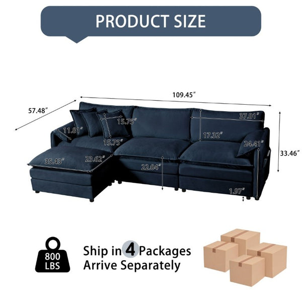English Elm Modular Cloud Sectional Sofa Deep Seat Chenille L Shaped Couch with Movable Ottoman Blue W3163S00060