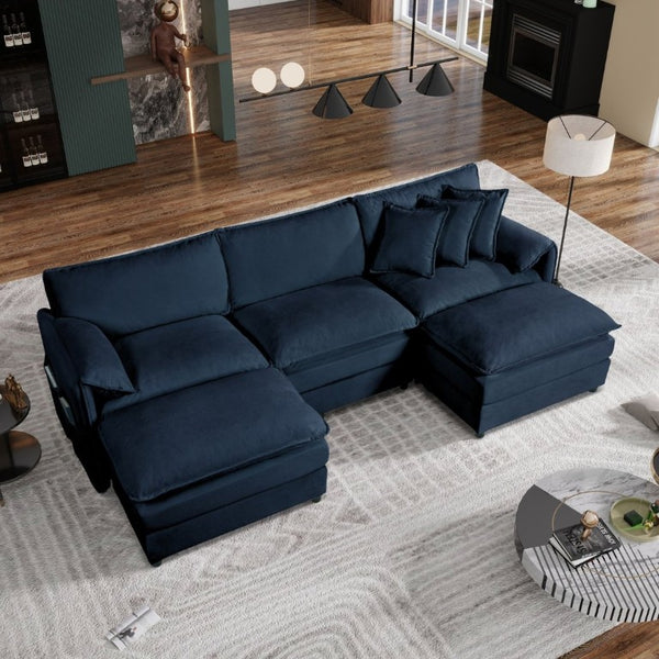 English Elm Modular U Shaped Chenille Sectional with Deep Seats and Two Movable Ottomans Blue W3163S00061