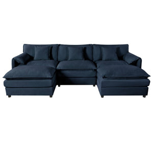 English Elm Modular U Shaped Chenille Sectional with Deep Seats and Two Movable Ottomans Blue W3163S00061