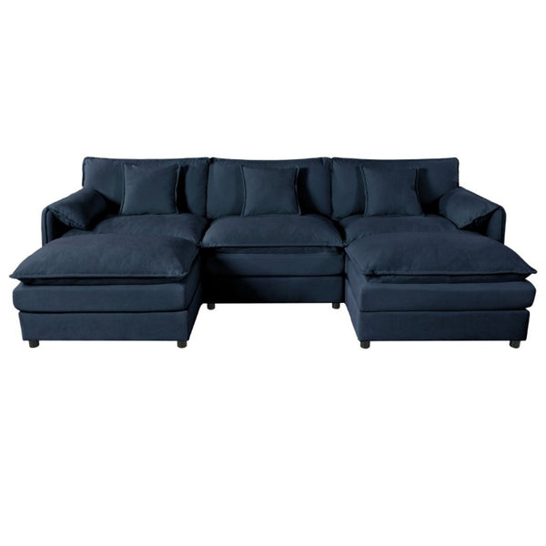 English Elm Modular U Shaped Chenille Sectional with Deep Seats and Two Movable Ottomans Blue W3163S00061