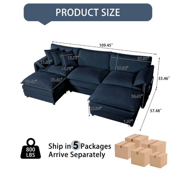 English Elm Modular U Shaped Chenille Sectional with Deep Seats and Two Movable Ottomans Blue W3163S00061