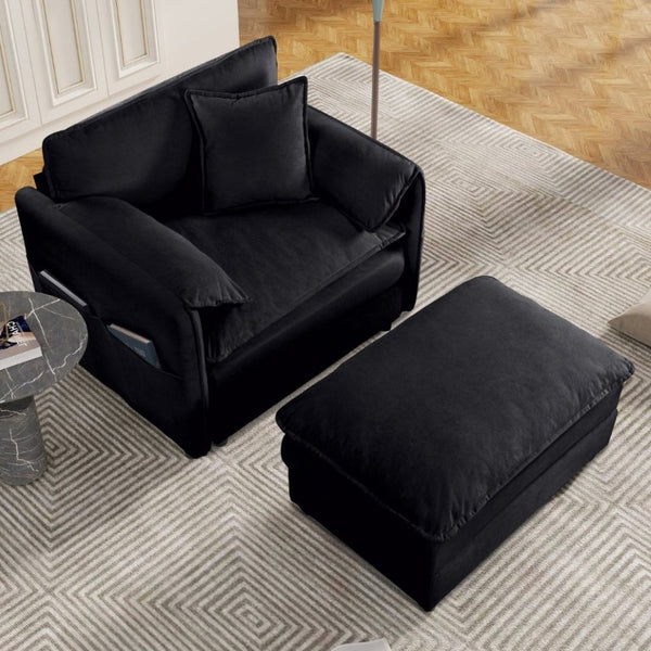 English Elm Oversized Chenille Recliner Chair with Movable Ottoman for Modern Living Spaces Black W3163S00063