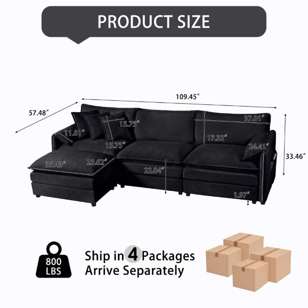 English Elm Modular Cloud Sectional Sofa Deep Seat Chenille L Shaped Couch with Movable Ottoman Black W3163S00066