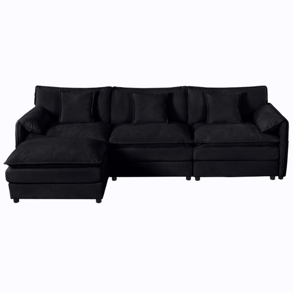 English Elm Modular Cloud Sectional Sofa Deep Seat Chenille L Shaped Couch with Movable Ottoman Black W3163S00066