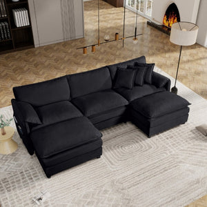 English Elm Modular U Shaped Chenille Sectional with Deep Seats and Two Movable Ottomans Black W3163S00067