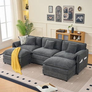 English Elm Modular U Shaped Chenille Sectional with Deep Seats and Two Movable Ottomans Grey W3163S00073