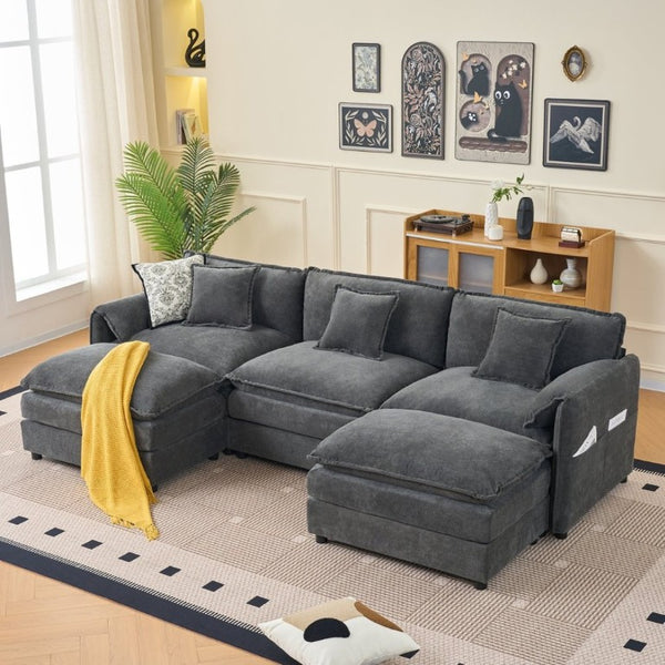 English Elm Modular U Shaped Chenille Sectional with Deep Seats and Two Movable Ottomans Grey W3163S00073