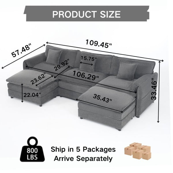 English Elm Modular U Shaped Chenille Sectional with Deep Seats and Two Movable Ottomans Grey W3163S00073