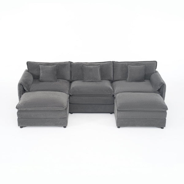 English Elm Modular U Shaped Chenille Sectional with Deep Seats and Two Movable Ottomans Grey W3163S00073