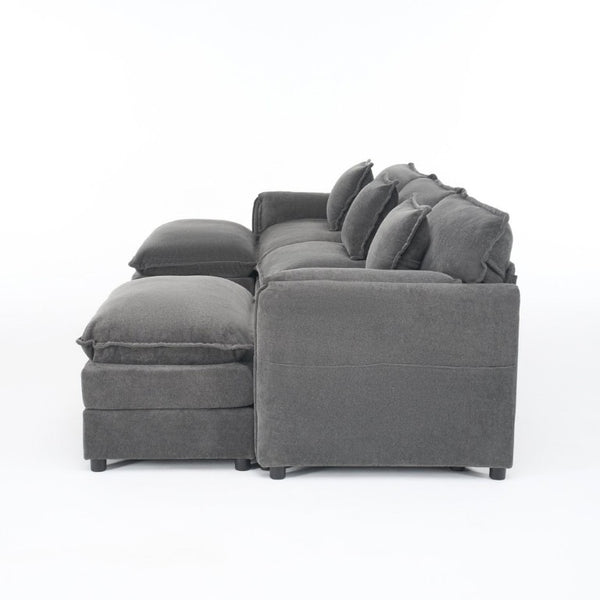 English Elm Modular U Shaped Chenille Sectional with Deep Seats and Two Movable Ottomans Grey W3163S00073