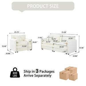 English Elm Luxury Chenille Cloud Loveseat and Armchair Set Deep Seat Modern Living Room Duo Beige W3163S00078