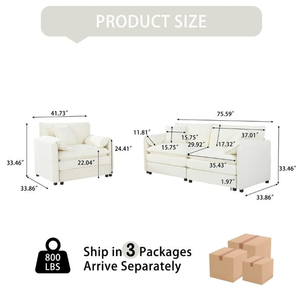 English Elm Luxury Chenille Cloud Loveseat and Armchair Set Deep Seat Modern Living Room Duo Beige W3163S00078