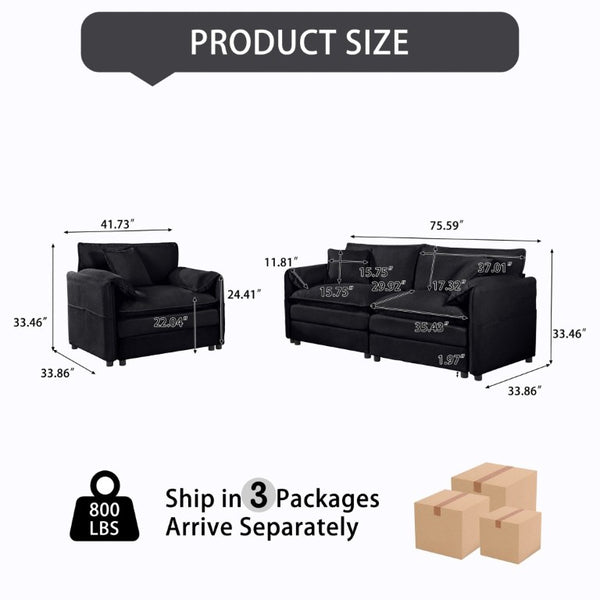 English Elm Luxury Chenille Cloud Loveseat and Armchair Set Deep Seat Modern Living Room Duo Black W3163S00087
