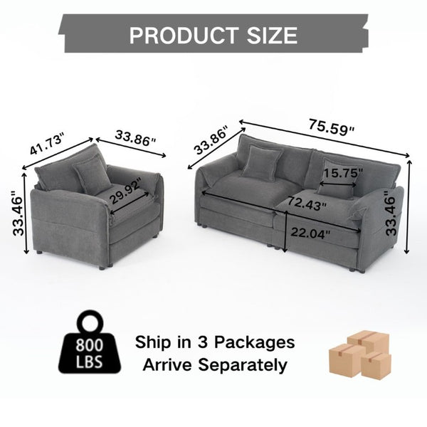 English Elm Luxury Chenille Cloud Loveseat and Armchair Set Deep Seat Modern Living Room Duo Grey W3163S00091
