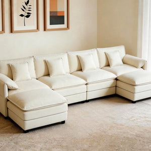 English Elm Old:w3163s00028 Modular U Shaped Chenille Sectional with Two Ottomans for Deep Sink Comfort Beige W3163S00095
