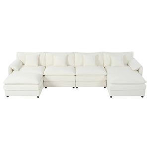 English Elm Old:w3163s00028 Modular U Shaped Chenille Sectional with Two Ottomans for Deep Sink Comfort Beige W3163S00095