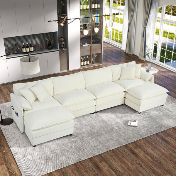 English Elm Old:w3163s00028 Modular U Shaped Chenille Sectional with Two Ottomans for Deep Sink Comfort Beige W3163S00095