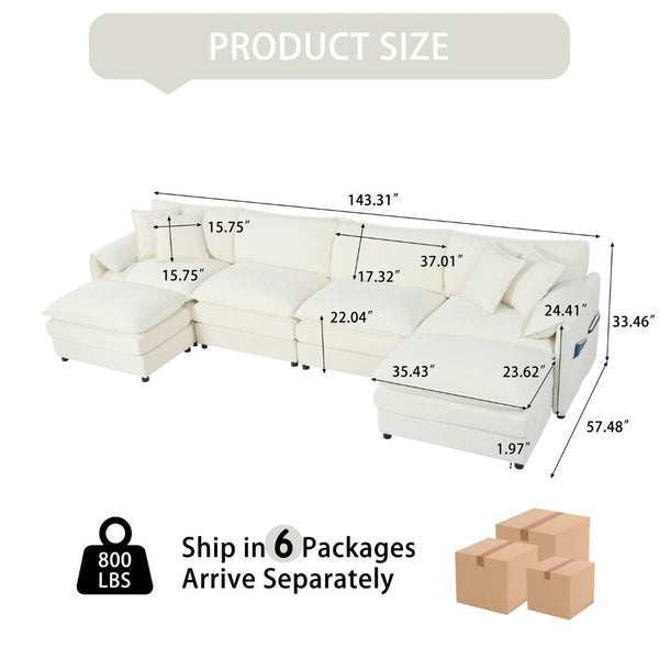 English Elm Old:w3163s00028 Modular U Shaped Chenille Sectional with Two Ottomans for Deep Sink Comfort Beige W3163S00095
