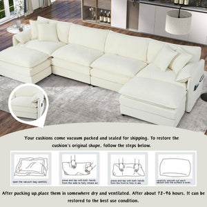 English Elm Old:w3163s00028 Modular U Shaped Chenille Sectional with Two Ottomans for Deep Sink Comfort Beige W3163S00095