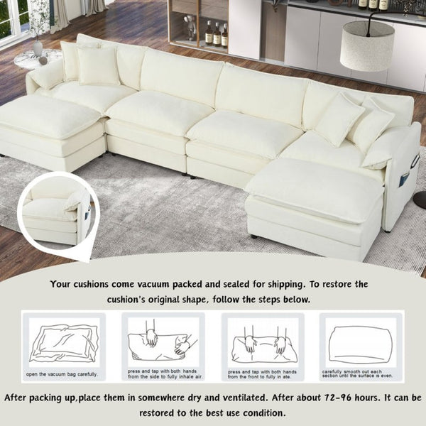 English Elm Old:w3163s00028 Modular U Shaped Chenille Sectional with Two Ottomans for Deep Sink Comfort Beige W3163S00095