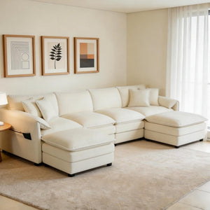 English Elm Old:w3163s00028 Modular U Shaped Chenille Sectional with Two Ottomans for Deep Sink Comfort Beige W3163S00095