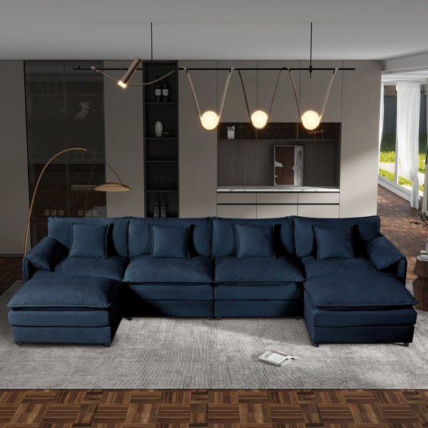 English Elm Old:w3163s00028 Modular U Shaped Chenille Sectional with Two Ottomans for Deep Sink Comfort Blue W3163S00096
