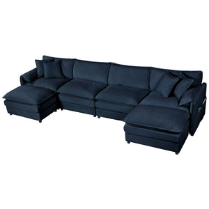English Elm Old:w3163s00028 Modular U Shaped Chenille Sectional with Two Ottomans for Deep Sink Comfort Blue W3163S00096