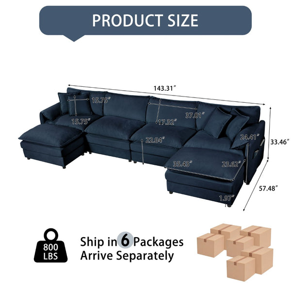 English Elm Old:w3163s00028 Modular U Shaped Chenille Sectional with Two Ottomans for Deep Sink Comfort Blue W3163S00096