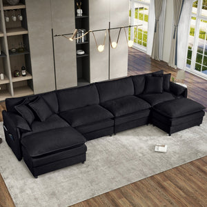 English Elm Old:w3163s00028 Modular U Shaped Chenille Sectional with Two Ottomans for Deep Sink Comfort Black W3163S00097