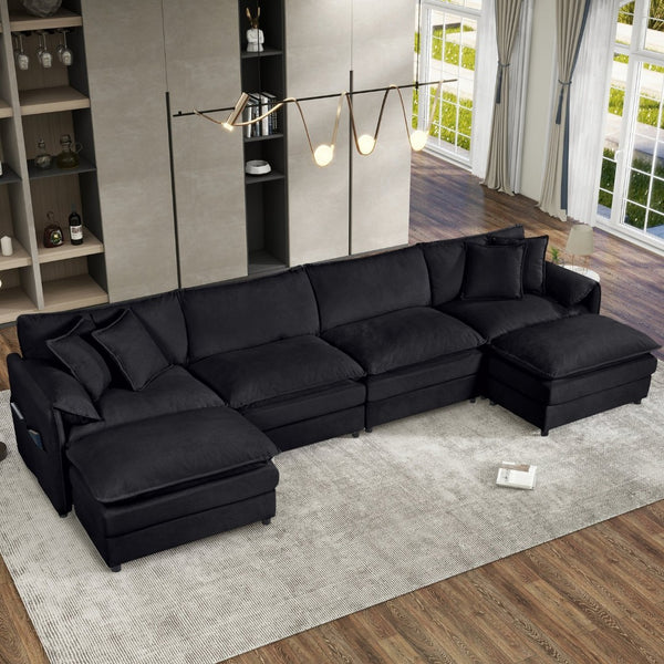 English Elm Old:w3163s00028 Modular U Shaped Chenille Sectional with Two Ottomans for Deep Sink Comfort Black W3163S00097