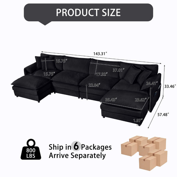 English Elm Old:w3163s00028 Modular U Shaped Chenille Sectional with Two Ottomans for Deep Sink Comfort Black W3163S00097