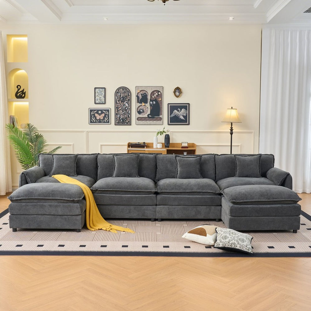 English Elm Modular U Shaped Sectional Sofa Deep Seat Chenille Cloud Couch with Two Ottomans W3163S00098