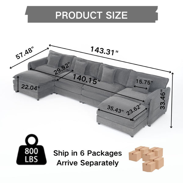 English Elm Modular U Shaped Sectional Sofa Deep Seat Chenille Cloud Couch with Two Ottomans W3163S00098