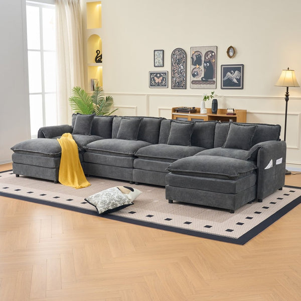 English Elm Modular U Shaped Sectional Sofa Deep Seat Chenille Cloud Couch with Two Ottomans W3163S00098