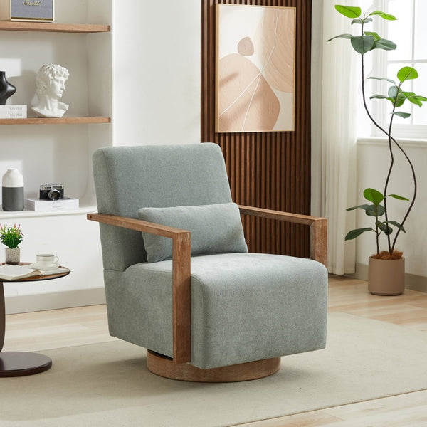 English Elm 29.72"w Swivel Linen Blend Accent Chair Rubberwood Arms Retro Reading Lounge Seat Pale Green W3189P438349