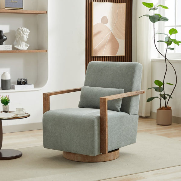 English Elm 29.72"w Swivel Linen Blend Accent Chair Rubberwood Arms Retro Reading Lounge Seat Pale Green W3189P438349